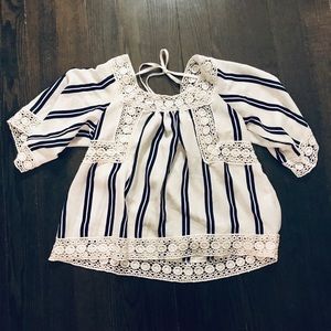 Blue and White Striped Blouse with Lace